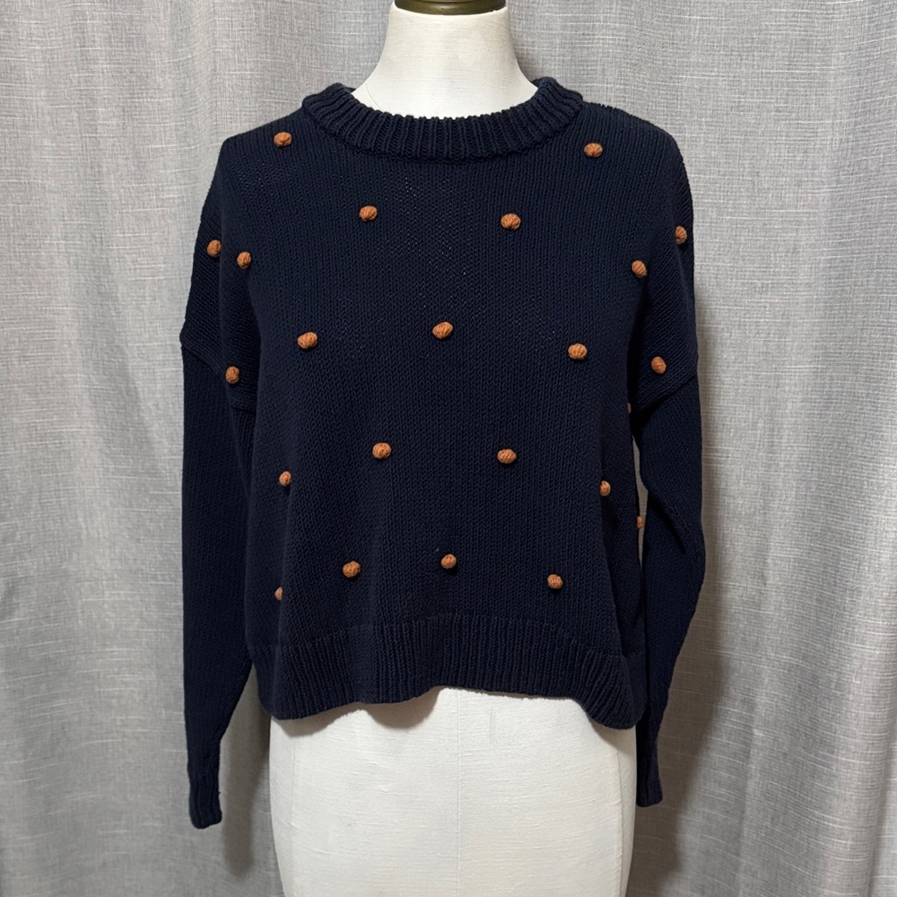 Madewell Wellesly Bobble Cotton Cropped Sweater-Sz S-Navy/Brown Pom Pom Detail
